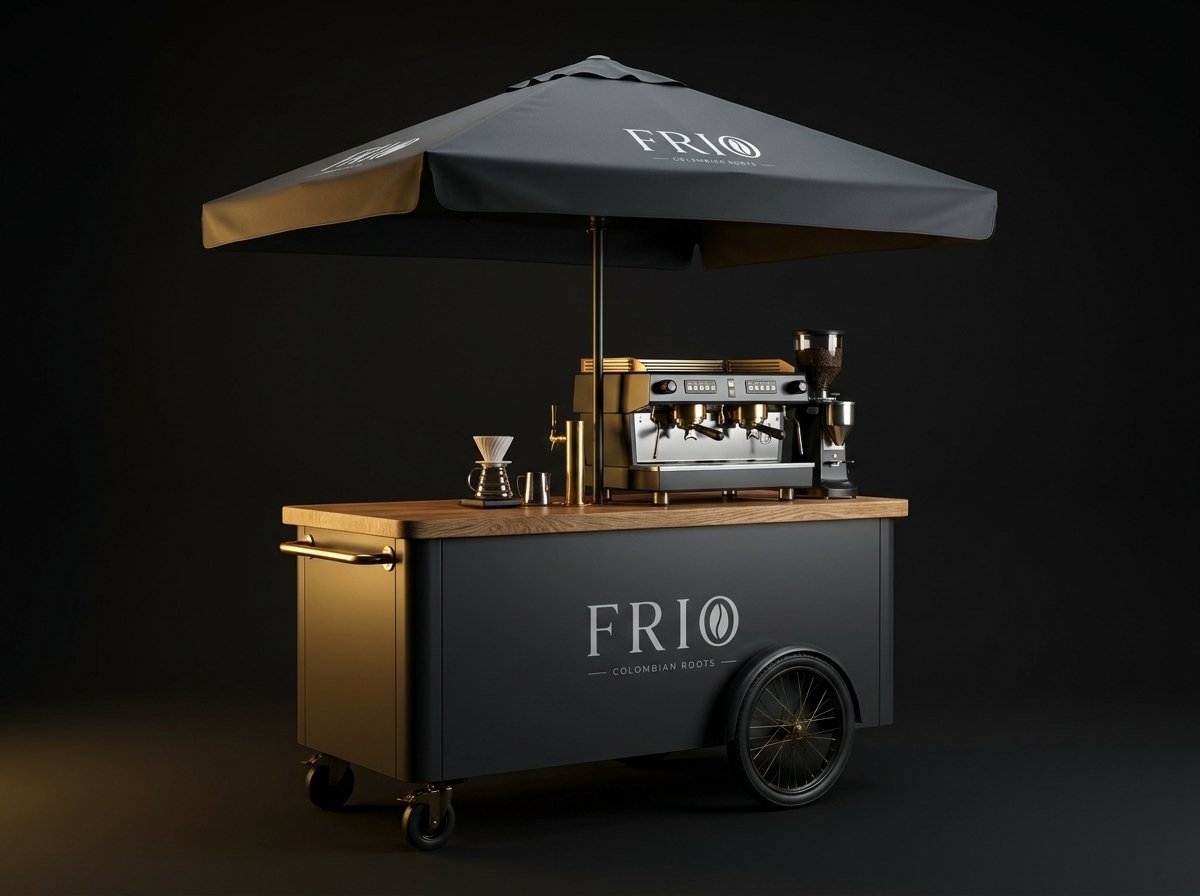 The Frio coffee cart, set up with umbrella and espresso station ready to serve